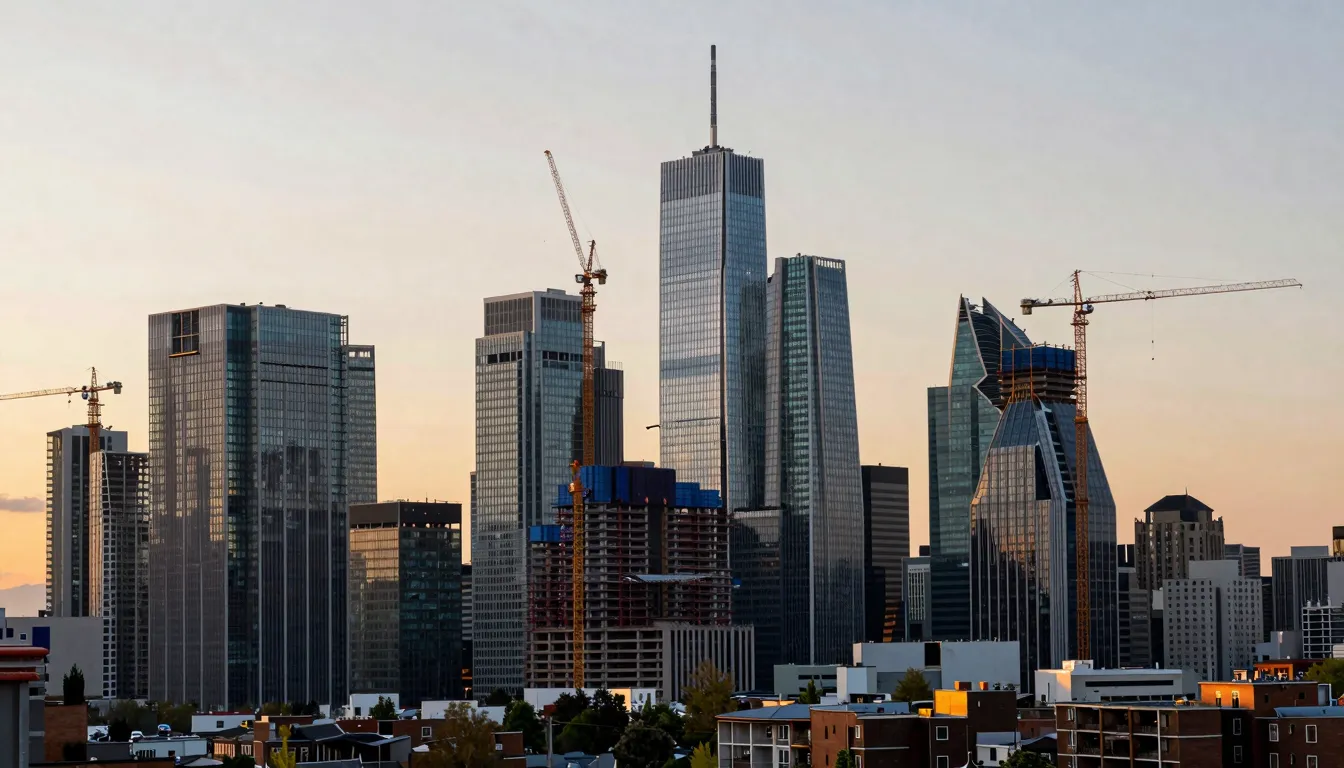 A modern city skyline with cranes and new glass buildings un...