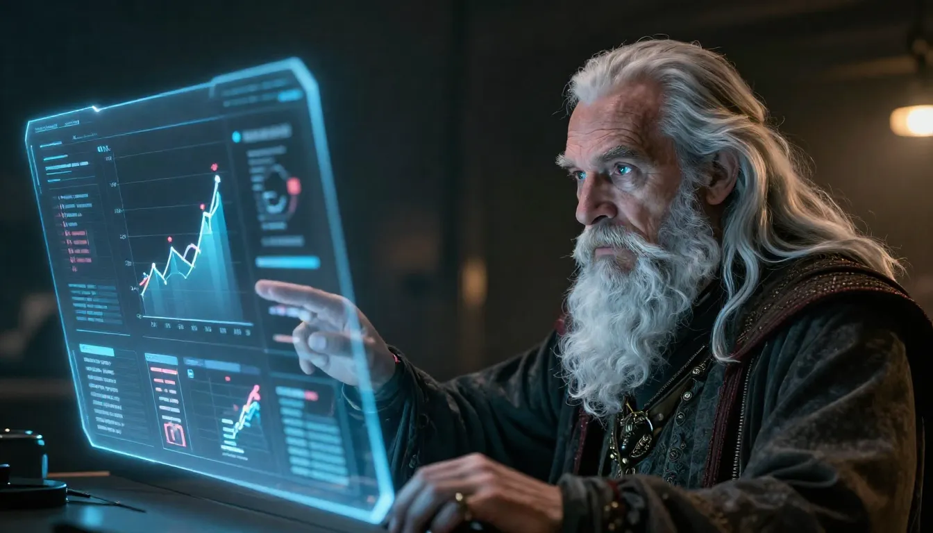 A wise wizard in modern clothes looking at a holographic das...