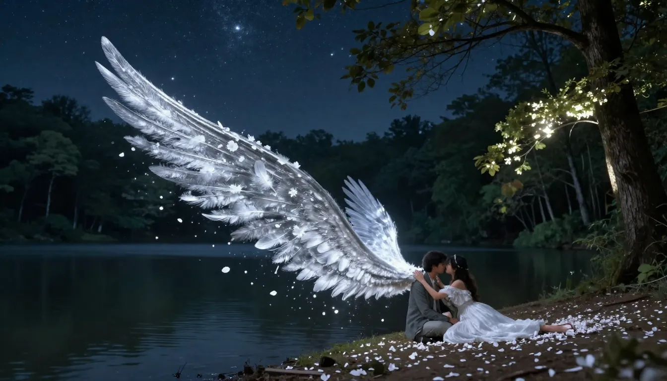 A romantic couple gently descending from the starry night sk...