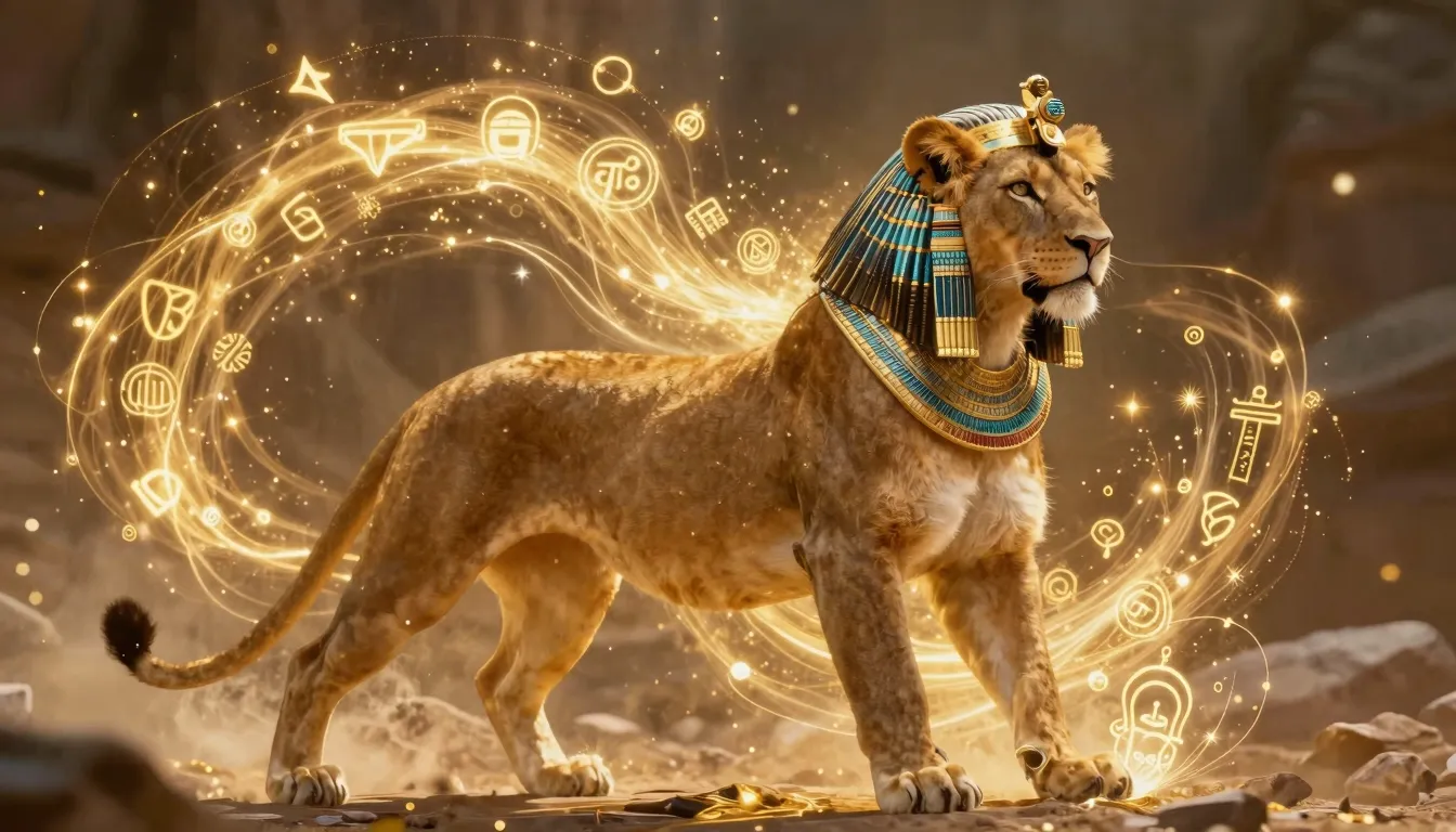 Transformation scene, a lioness turning into a beautiful Egy...