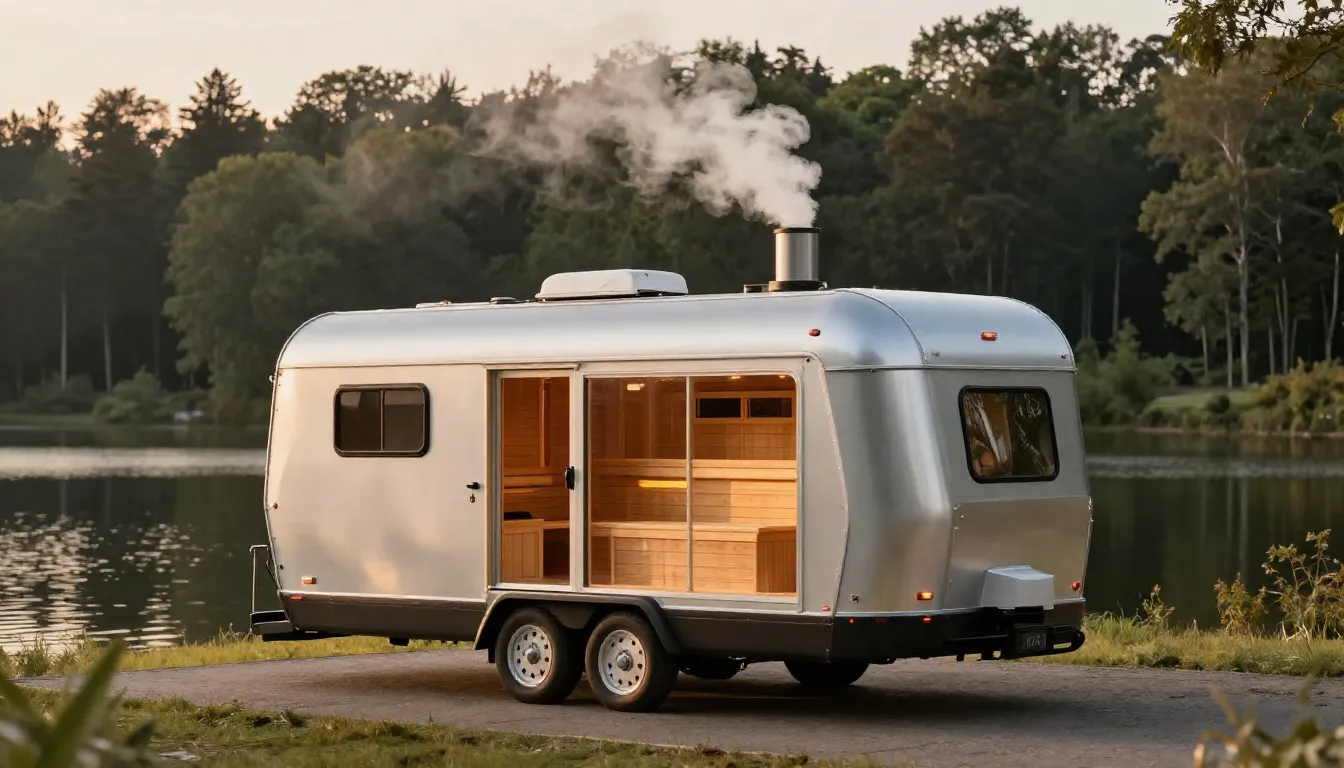 Luxury mobile sauna on a trailer parked by a calm lake durin...
