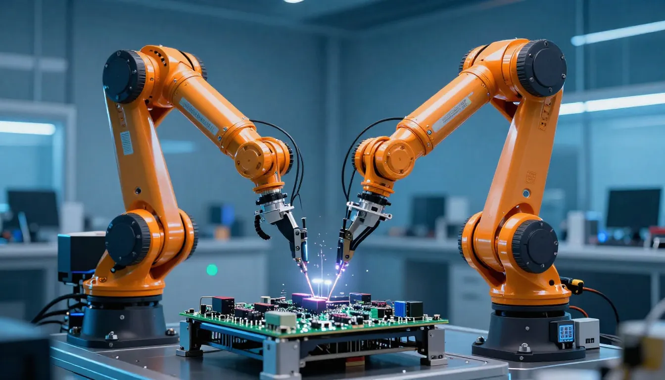 Futuristic industrial robot arm working on an electrical cir...