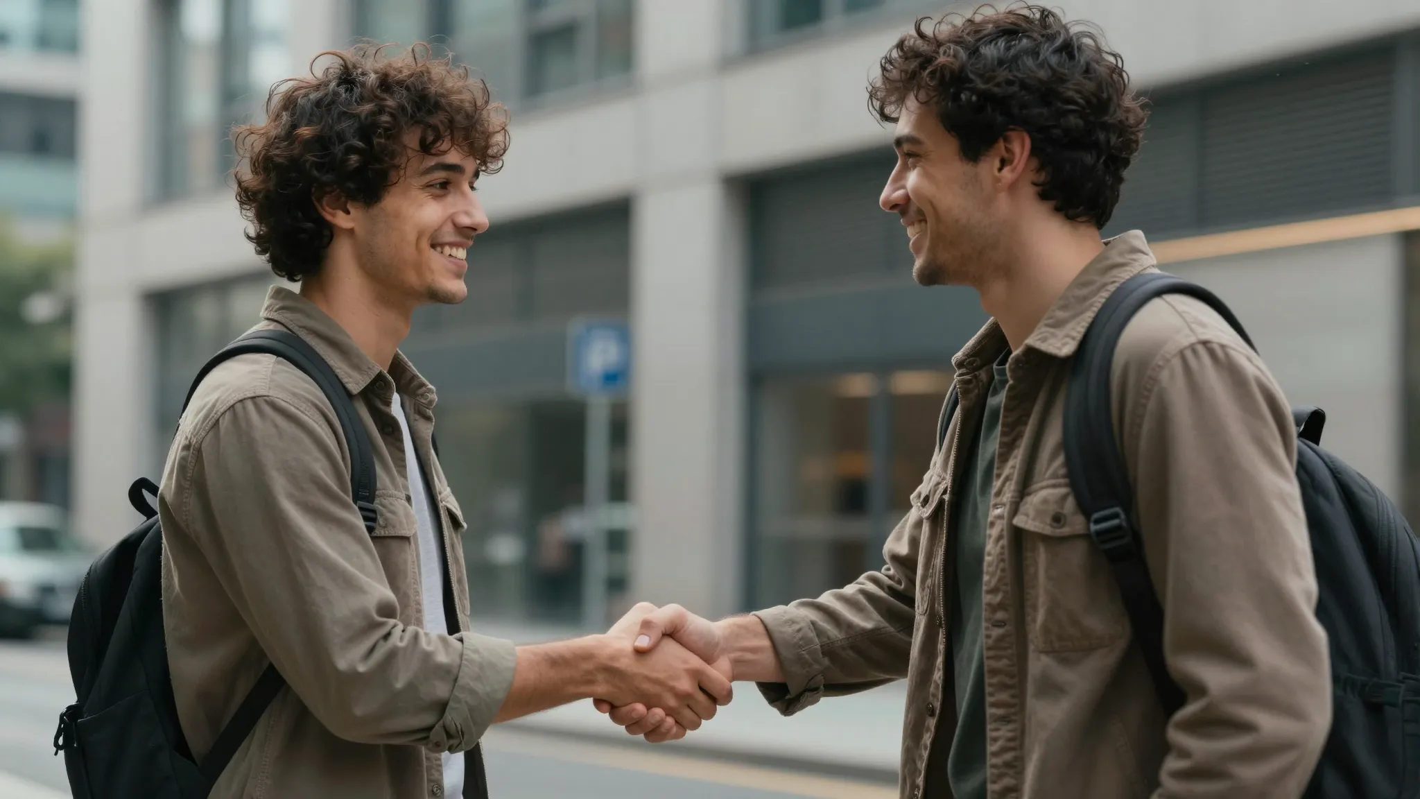 Two male friends shaking hands warmly in a modern city setti...