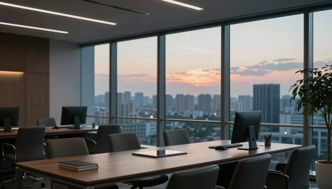 A modern office interior with large windows overlooking a ca...