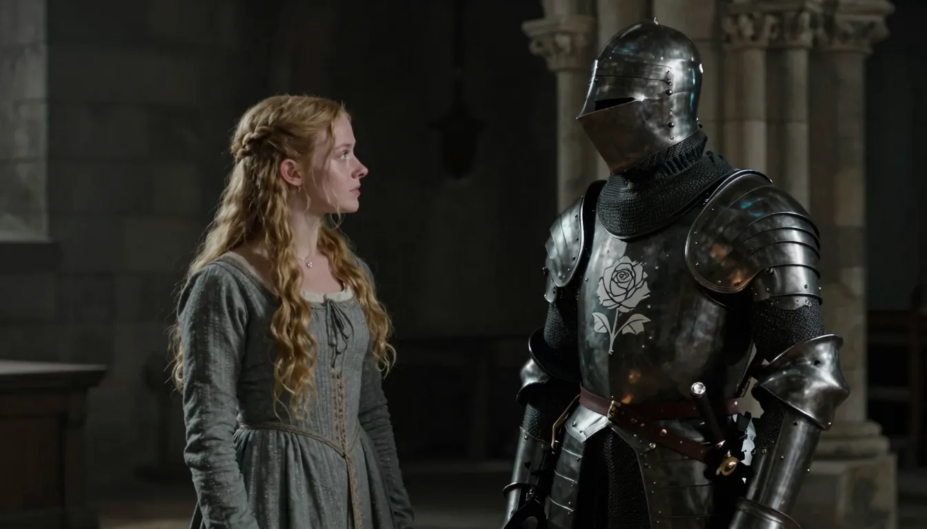 A medieval scene showing a noble young woman with long blond...