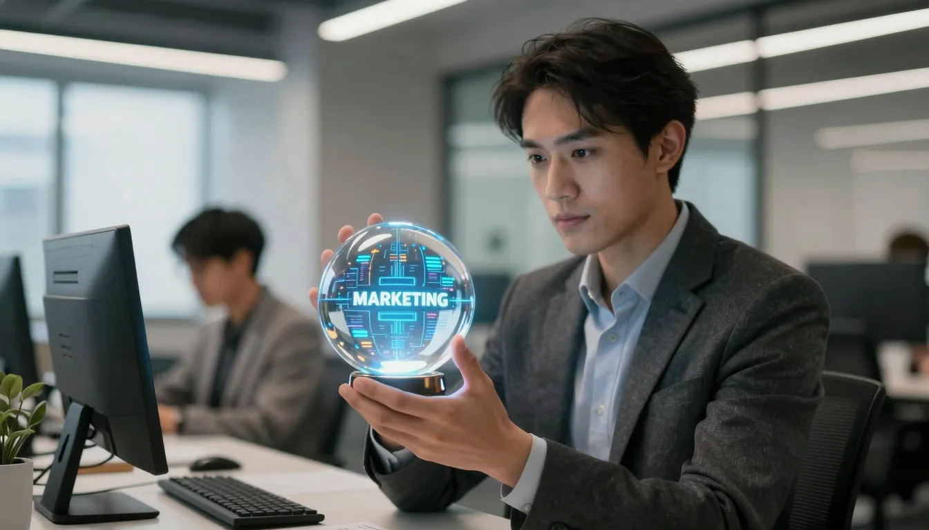 A professional marketing wizard in a modern office, holding ...