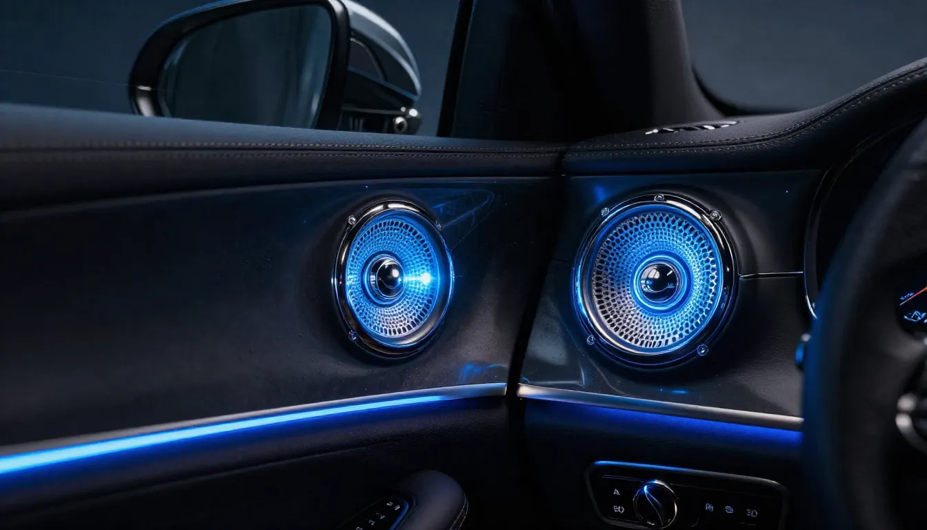 Luxury car interior with glowing audio speakers, dark atmosp...