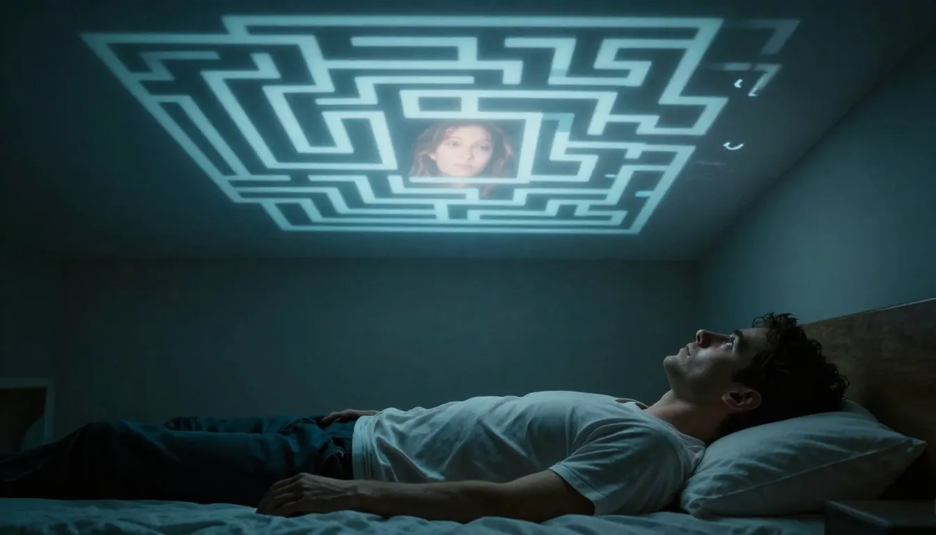 A conceptual art piece showing a man lying in bed, looking a...