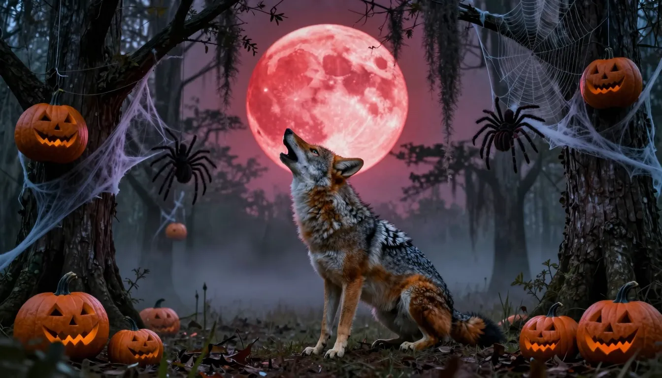 A beautiful coyote howling at a large glowing blood-red Moon...