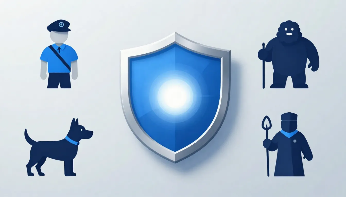 A high-tech brand identity visual: a shield icon with a glow...