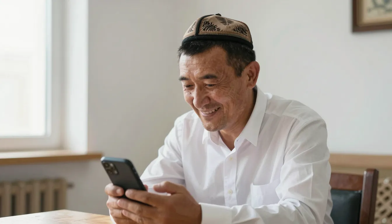 A friendly middle-aged Kyrgyz man with a kind smile, wearing...