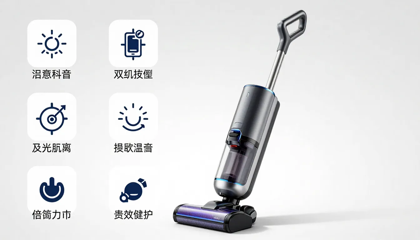 Professional product infographic for a modern vacuum cleaner...