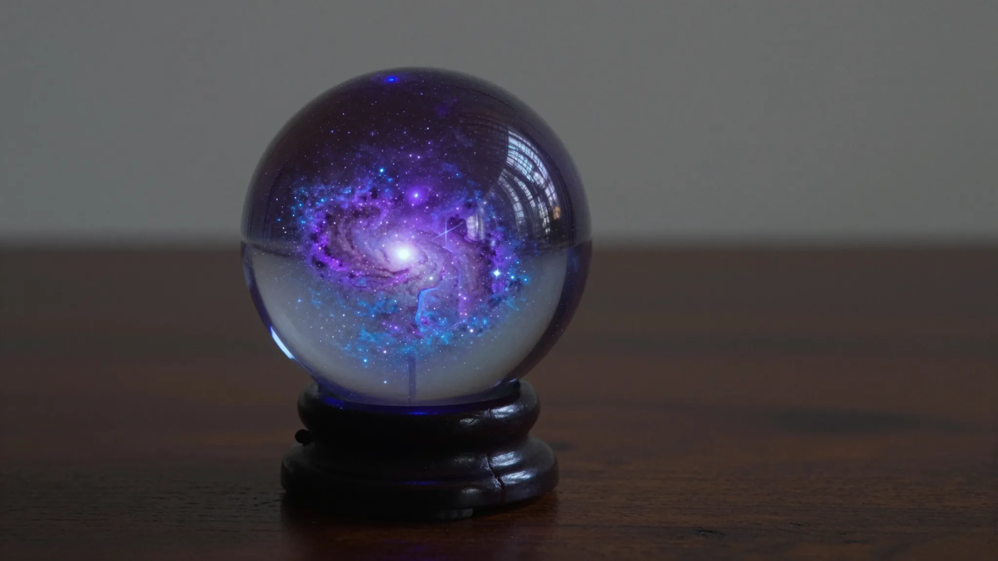 A crystal ball on a dark wooden table reflecting a starry ga...