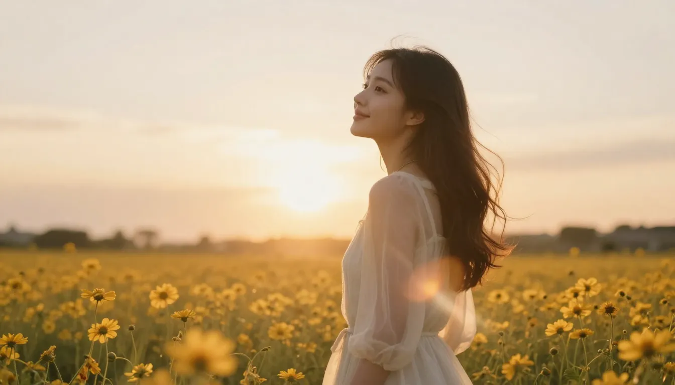A serene and beautiful woman standing in a field of golden f...