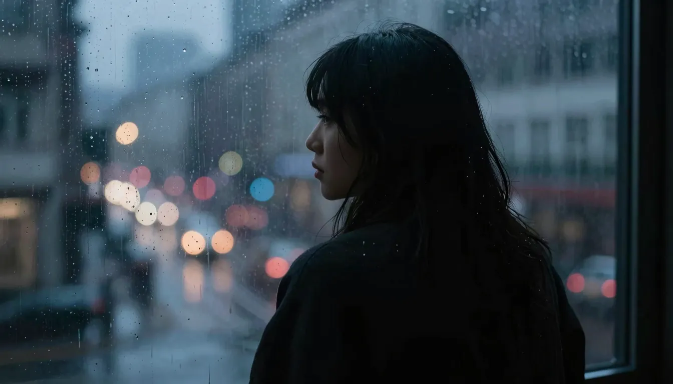 A melancholic silhouette of a person looking at a rainy wind...