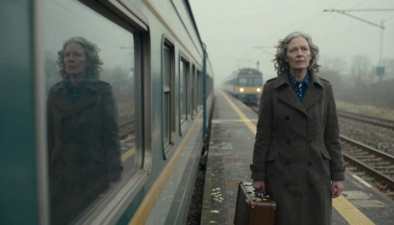 A cinematic visual of a woman standing on a railway platform...