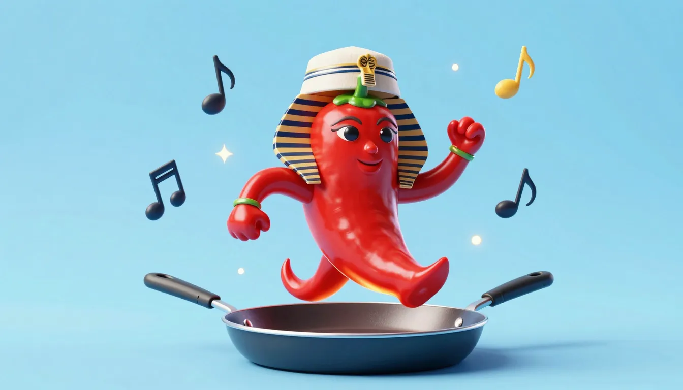 A humorous caricature of a giant, glowing red chili pepper w...