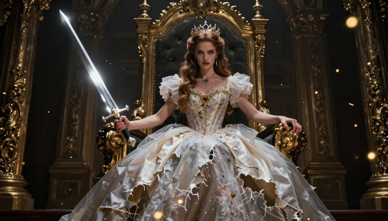A defiant princess in a torn ball gown holding a glowing sil...