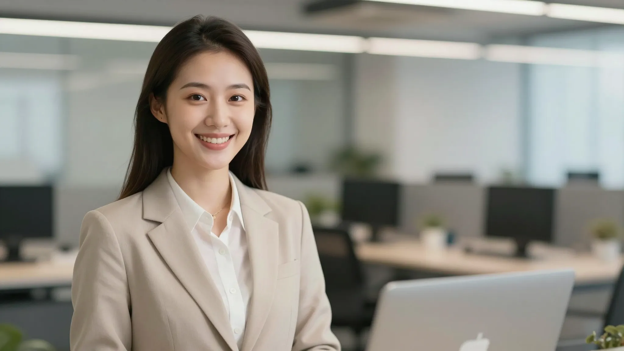 A friendly and professional female AI assistant with a warm ...