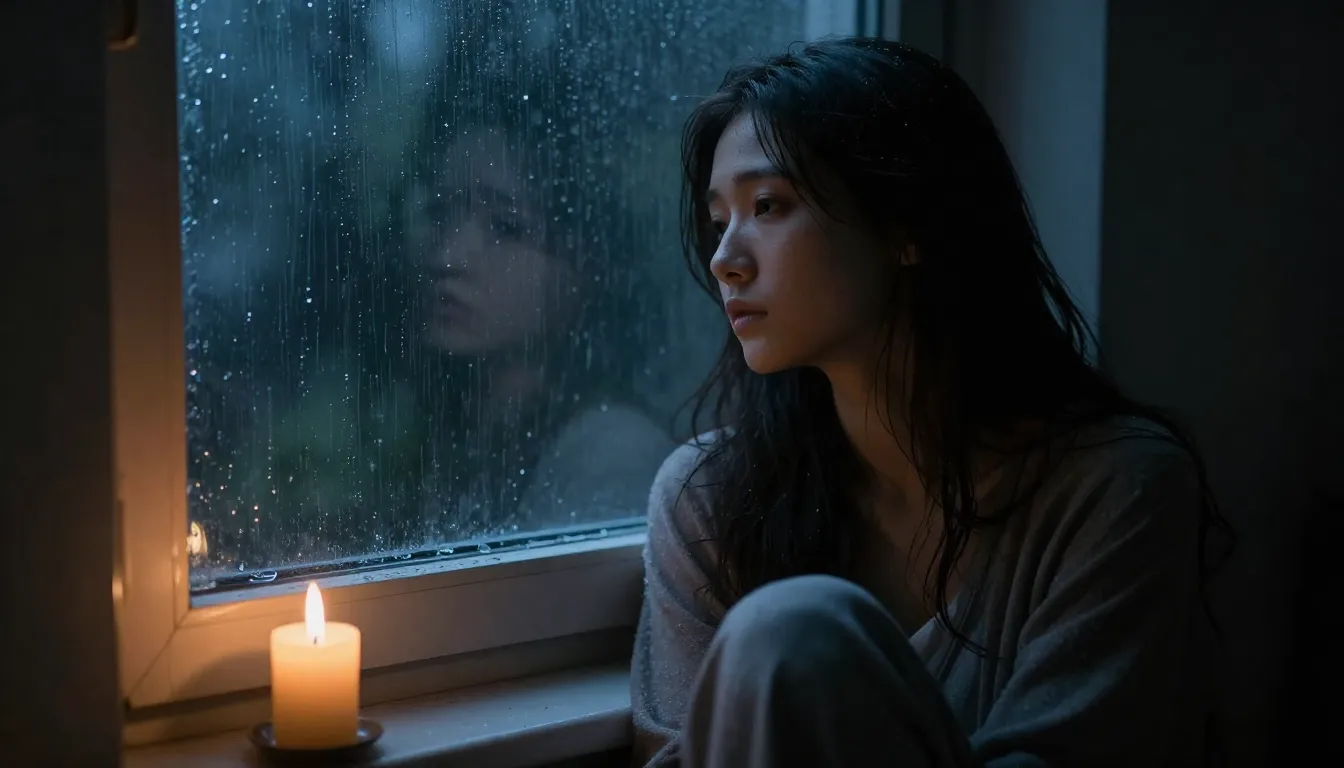 A lonely woman sitting by a window at night, looking out wit...