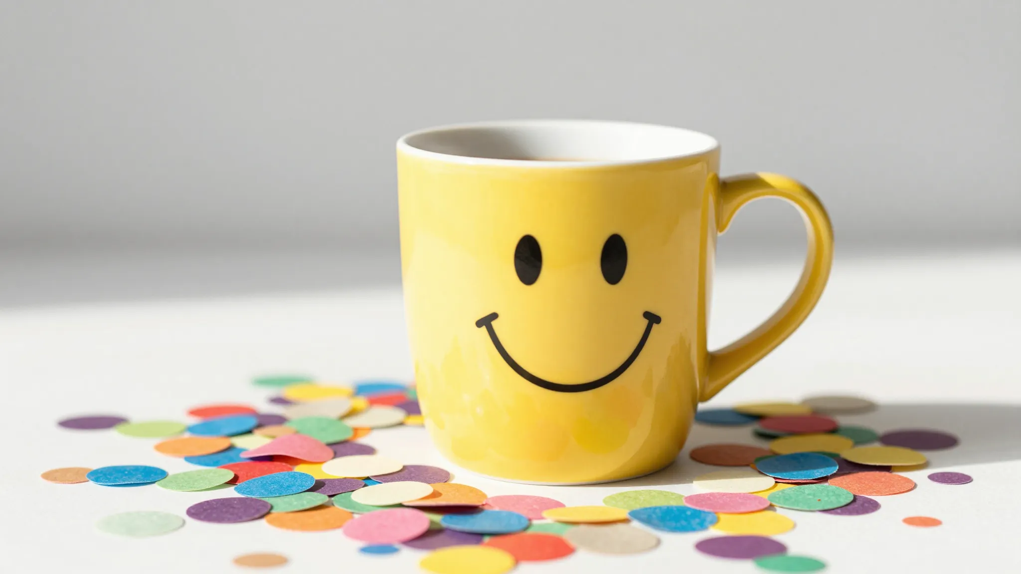 A bright yellow coffee cup with a smiley face on it, surroun...