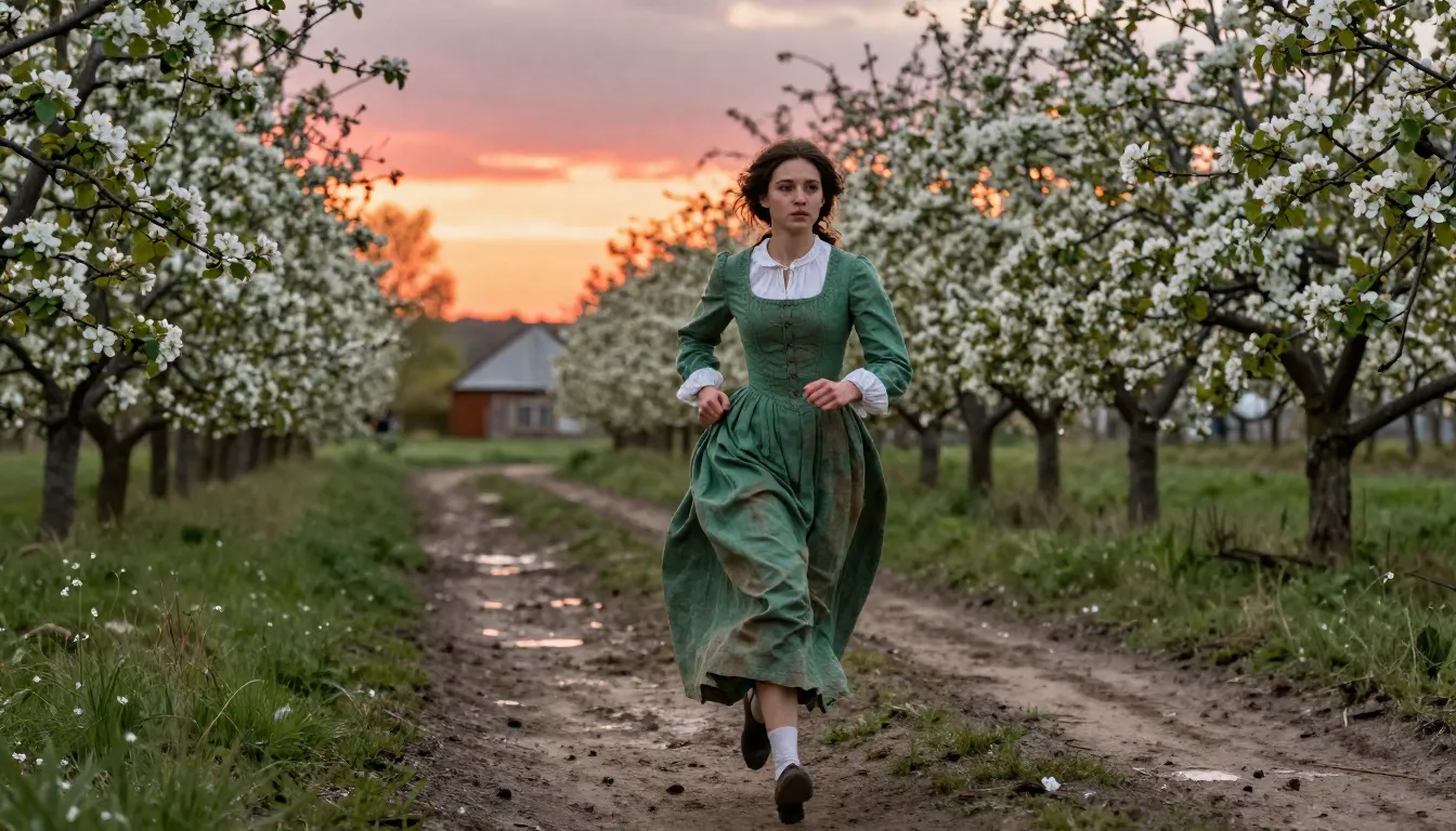 A determined young woman with dark hair in a faded green 19t...