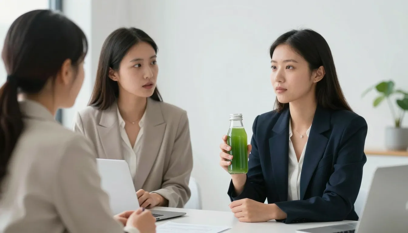 Two business women talking in a bright modern office, one ho...
