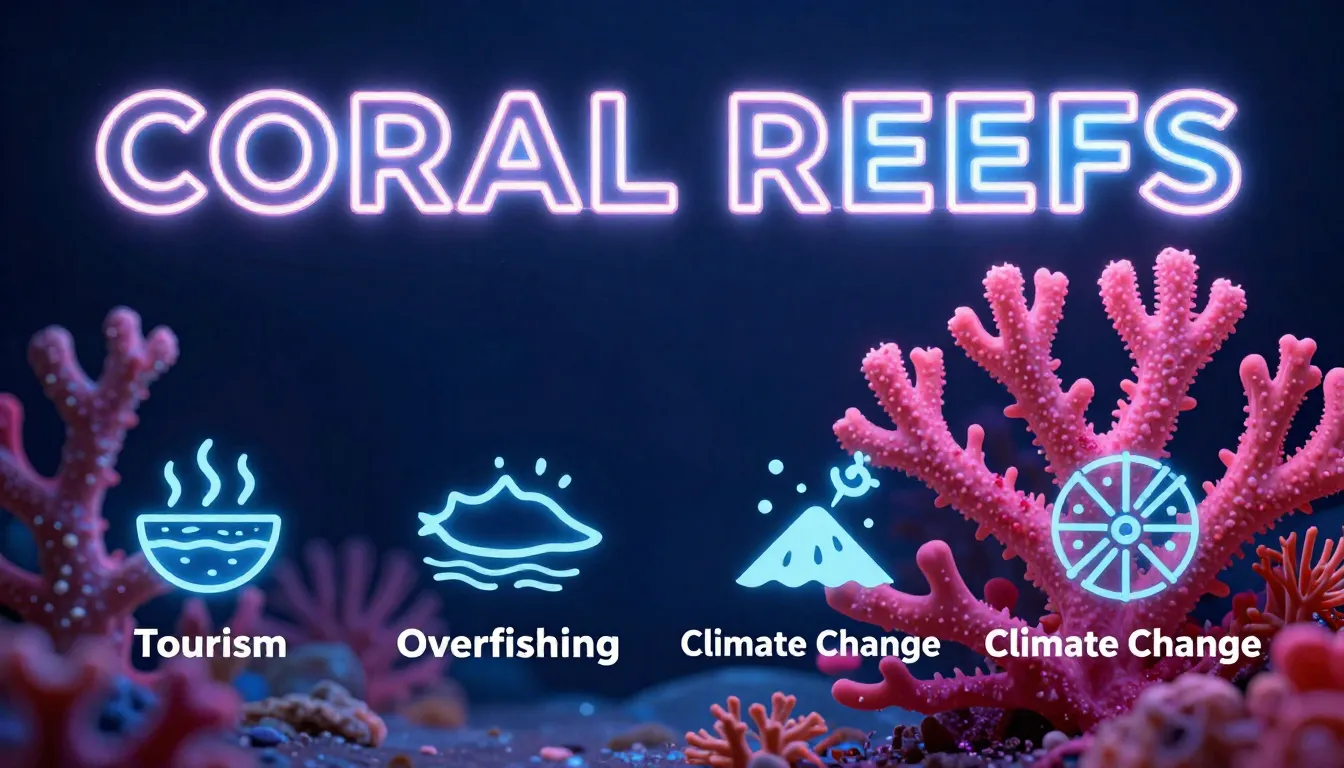 Professional infographic poster, neon style. Top text 'CORAL...