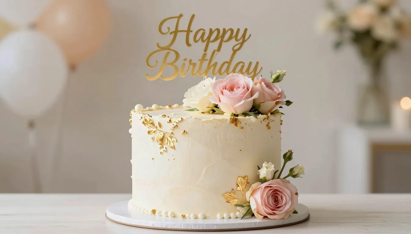 Elegant birthday cake decorated with gold leaf and fresh flo...