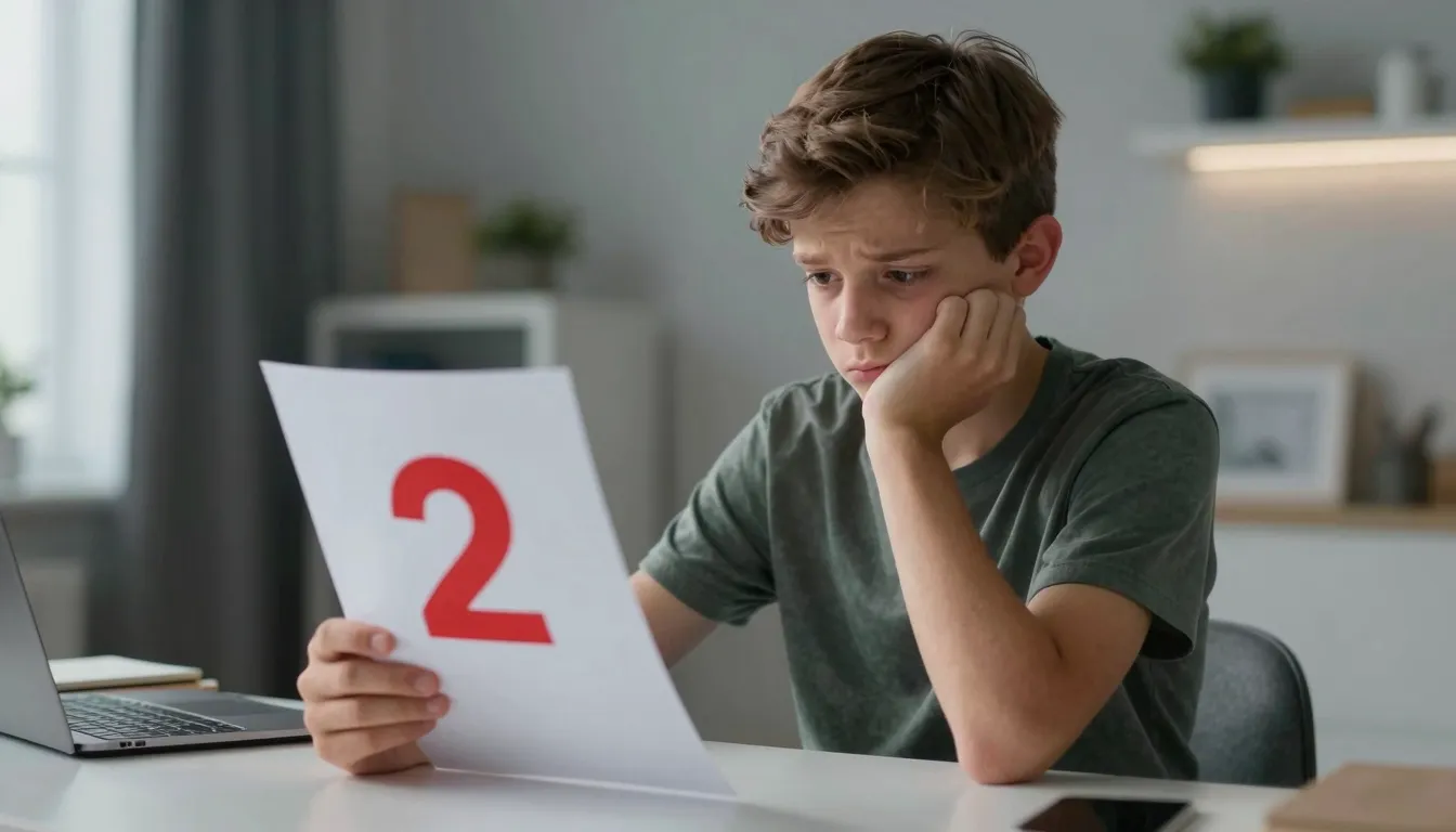 A 13-year-old boy sitting at a modern desk, looking sad and ...
