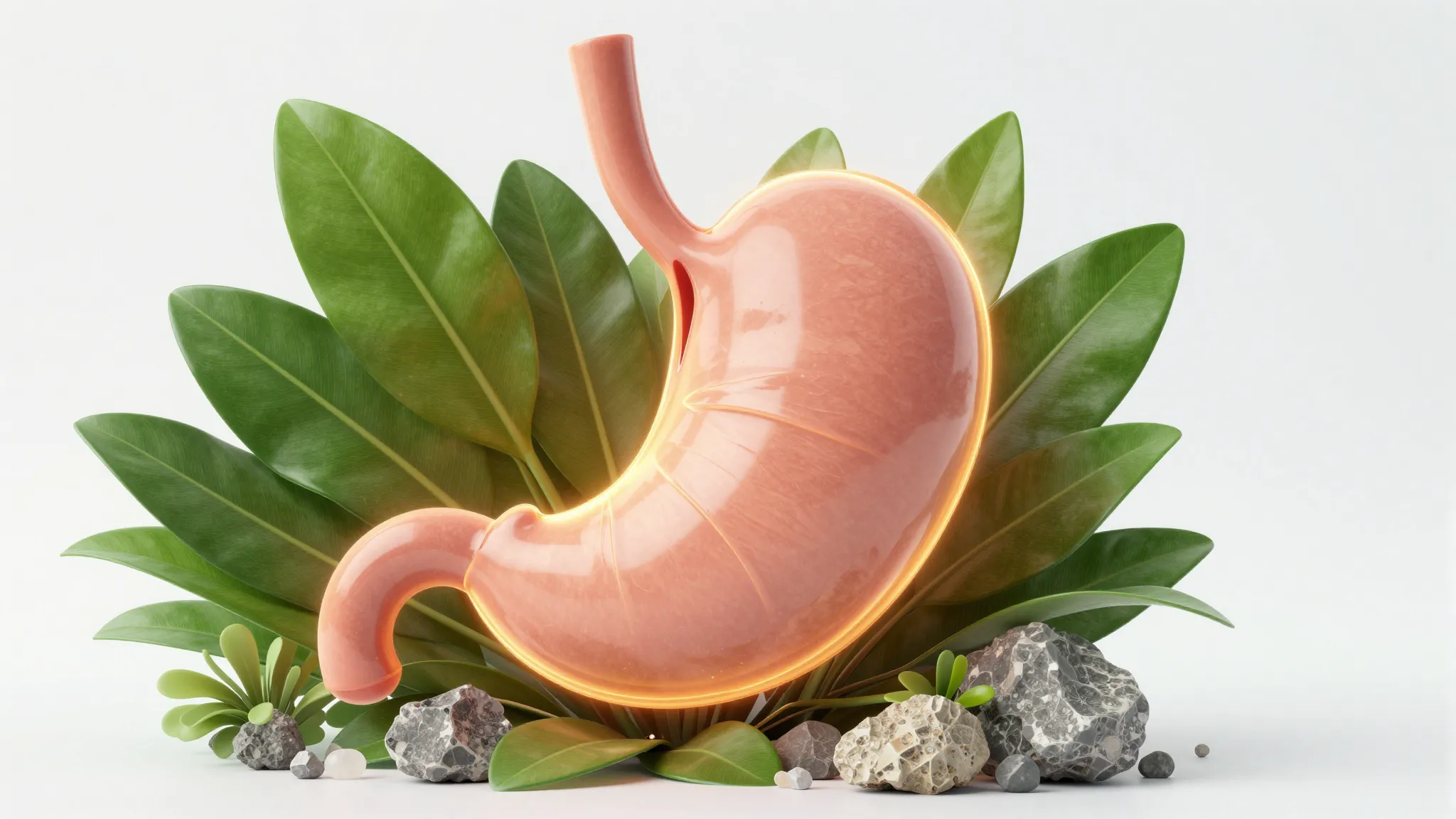 A conceptual illustration of a human stomach glowing with wa...