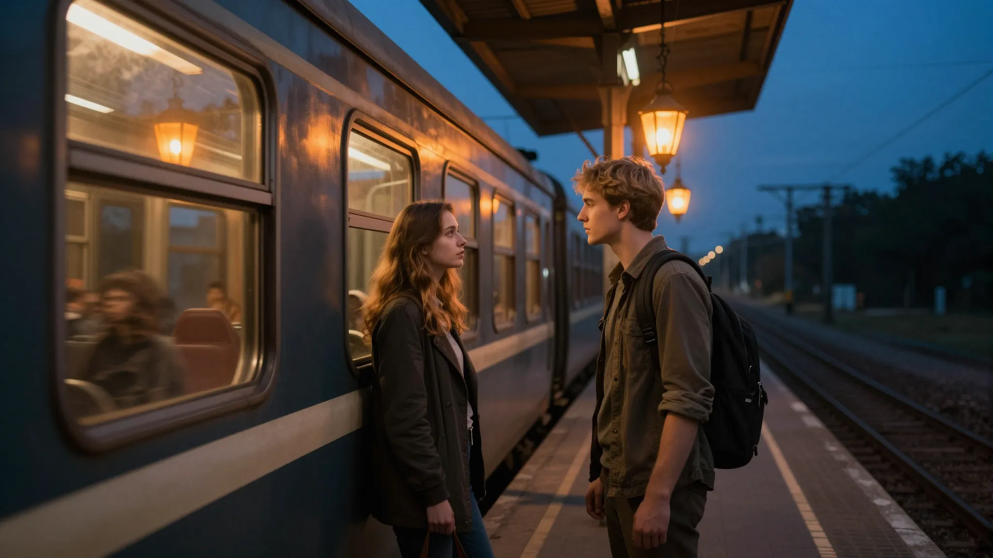 Cinematic evening scene at a railway station. A young Slavic...