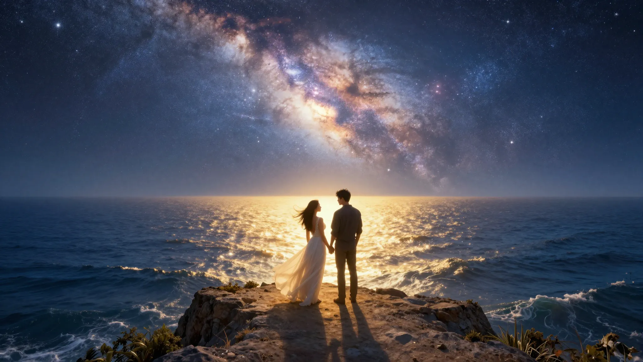 A majestic and romantic scene of two lovers standing on a cl...