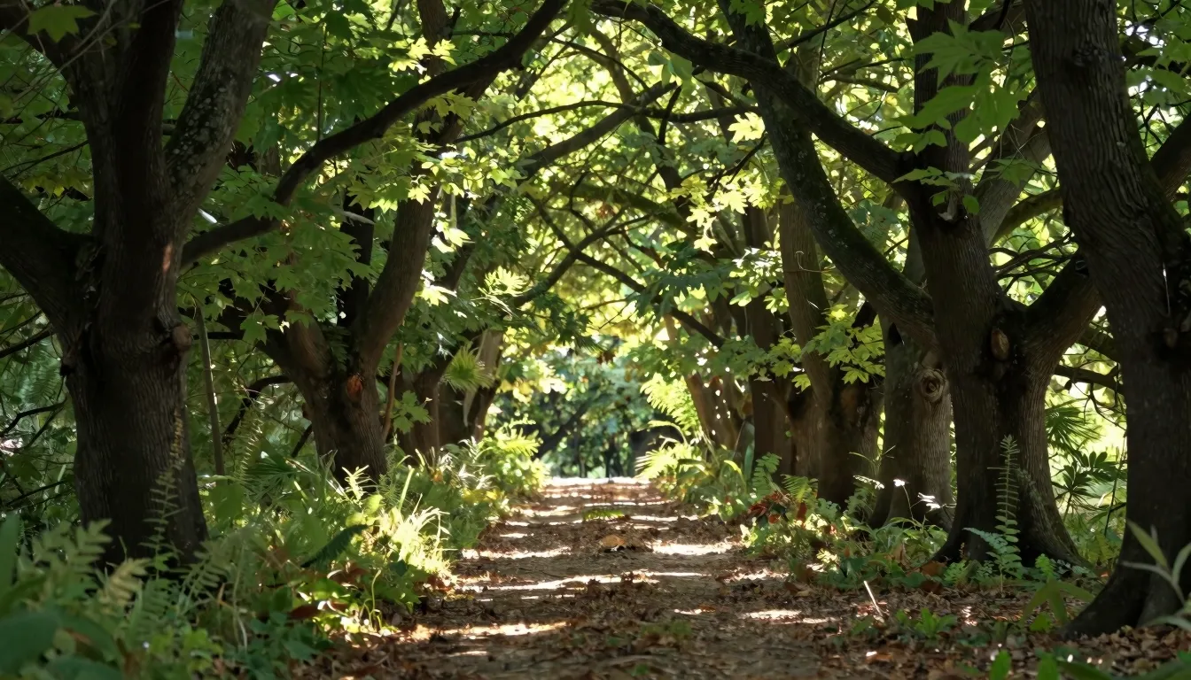 A serene, sun-drenched forest path with ancient trees, soft ...