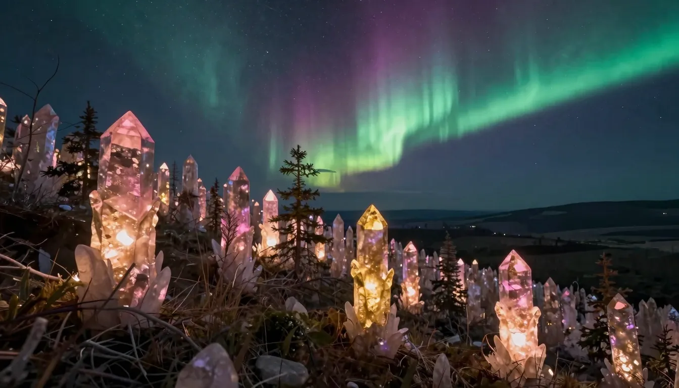 A forest of glowing crystal trees pulsing with soft pink and...