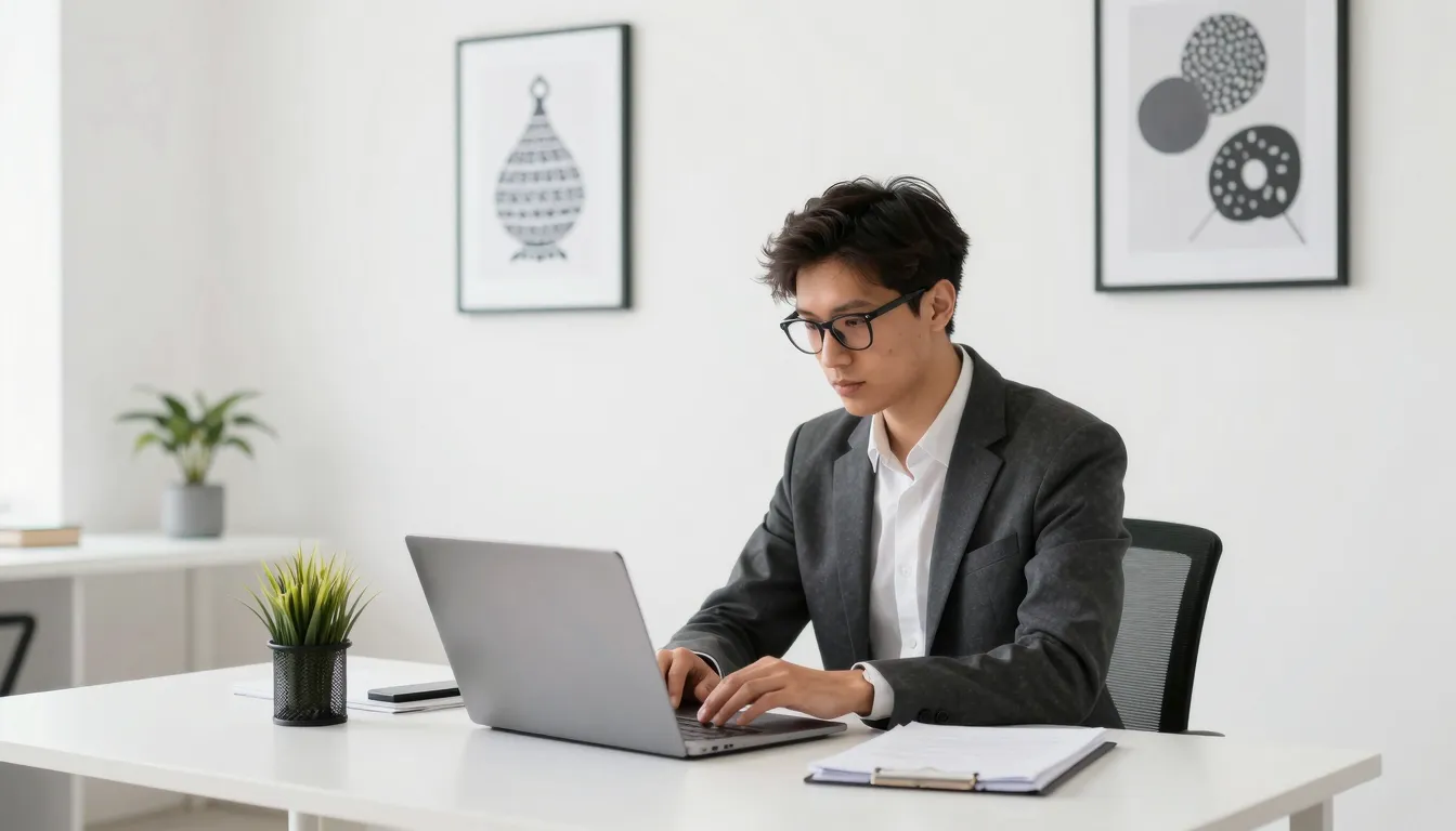 A stylish person working on a laptop in a bright, modern off...