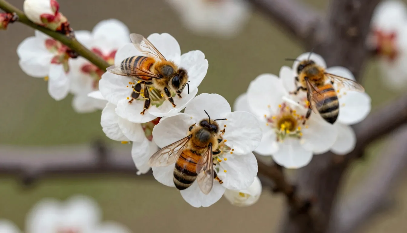 Close-up shot of several bees on white plum blossoms, spring...