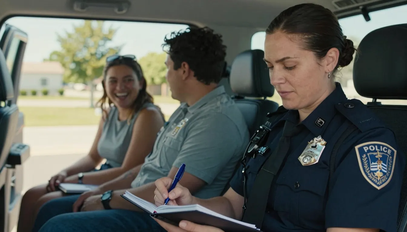 A short, bright flashback of a female police officer laughin...