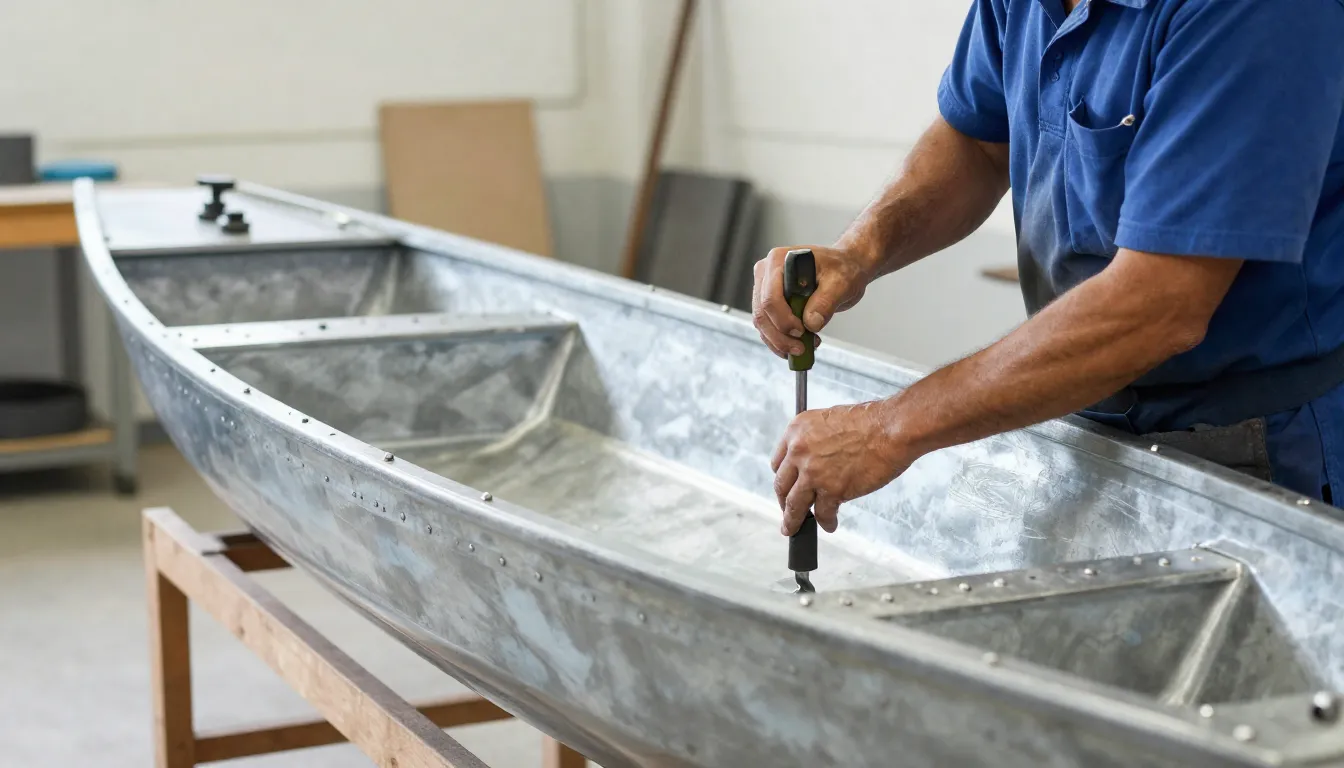 Worker assembling a metal boat hull using rivets and manual ...
