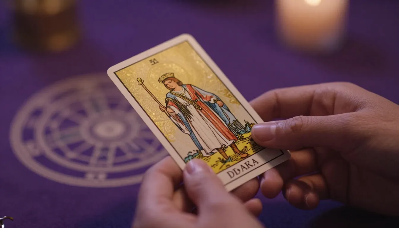 Close-up of elegant hands holding a tarot card with golden p...