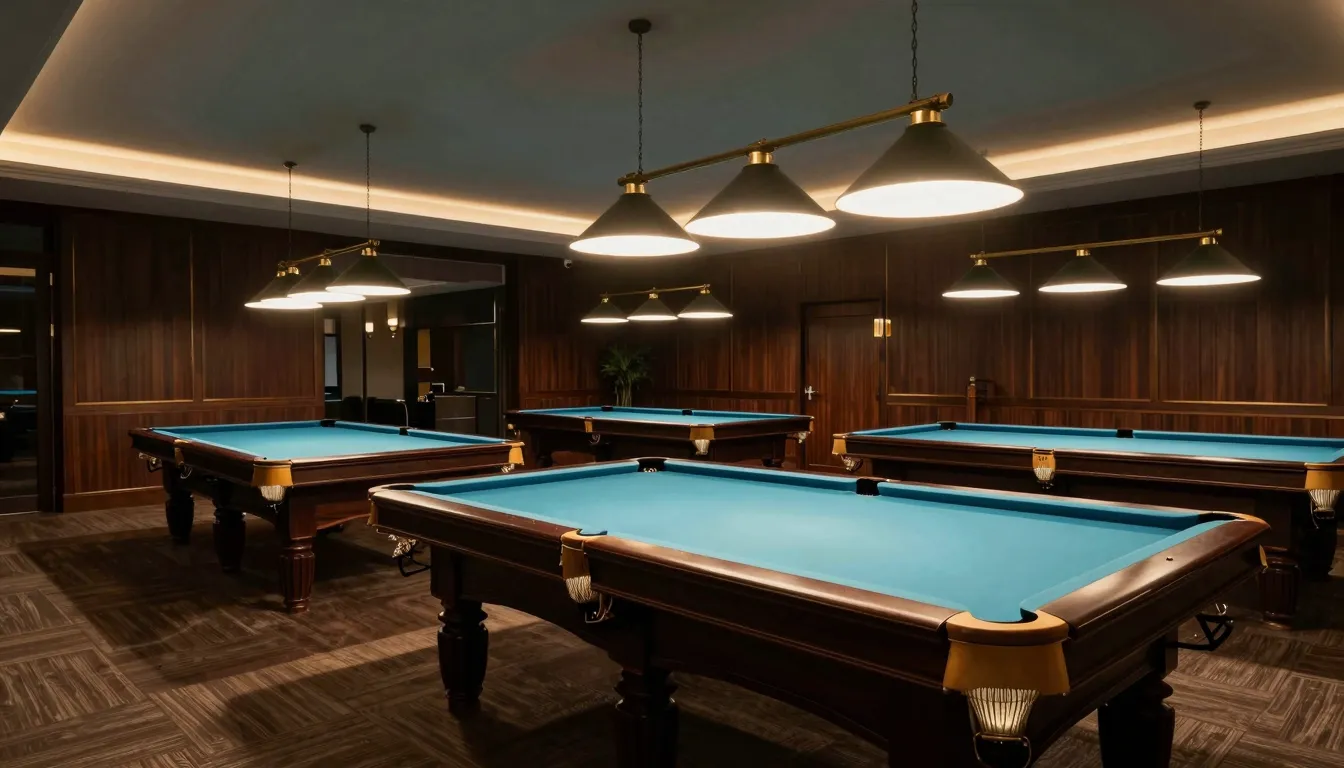 Elegant billiard club interior, professional tables under wa...