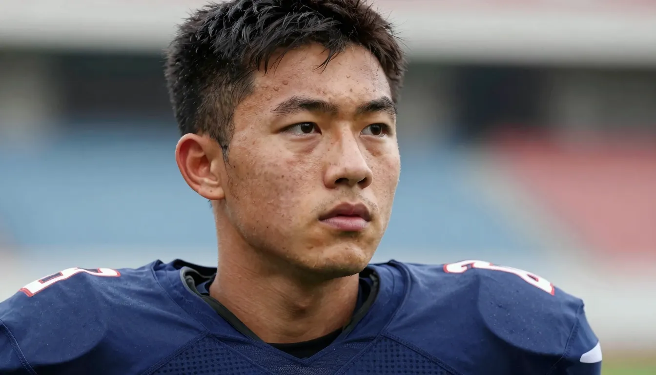 Close-up portrait of a determined young football player in p...