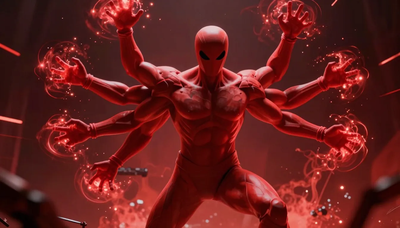 Powerful red character with six arms, chaotic energy, glowin...