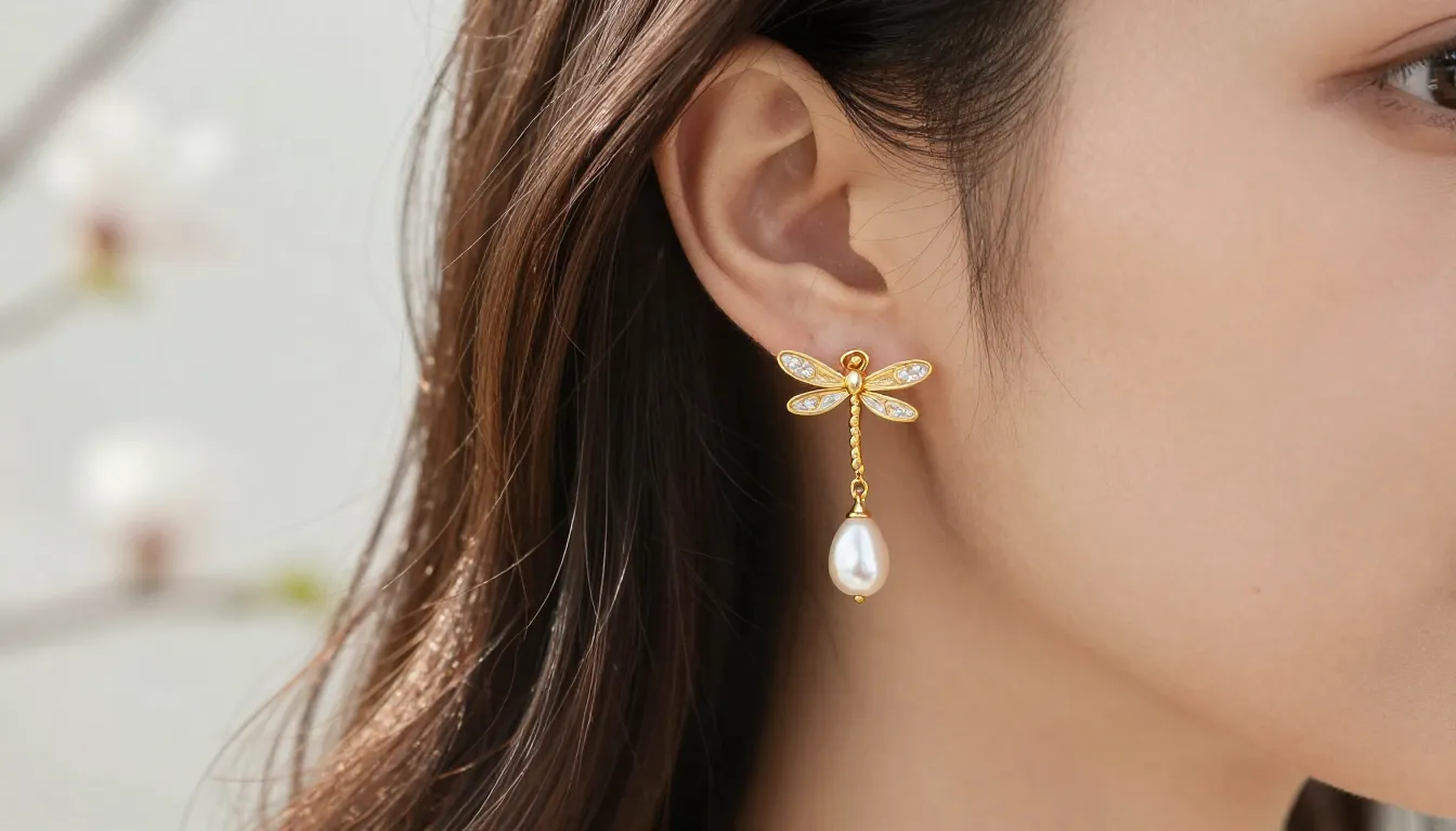 Close-up of a woman's ear wearing elegant gold dragonfly ear...