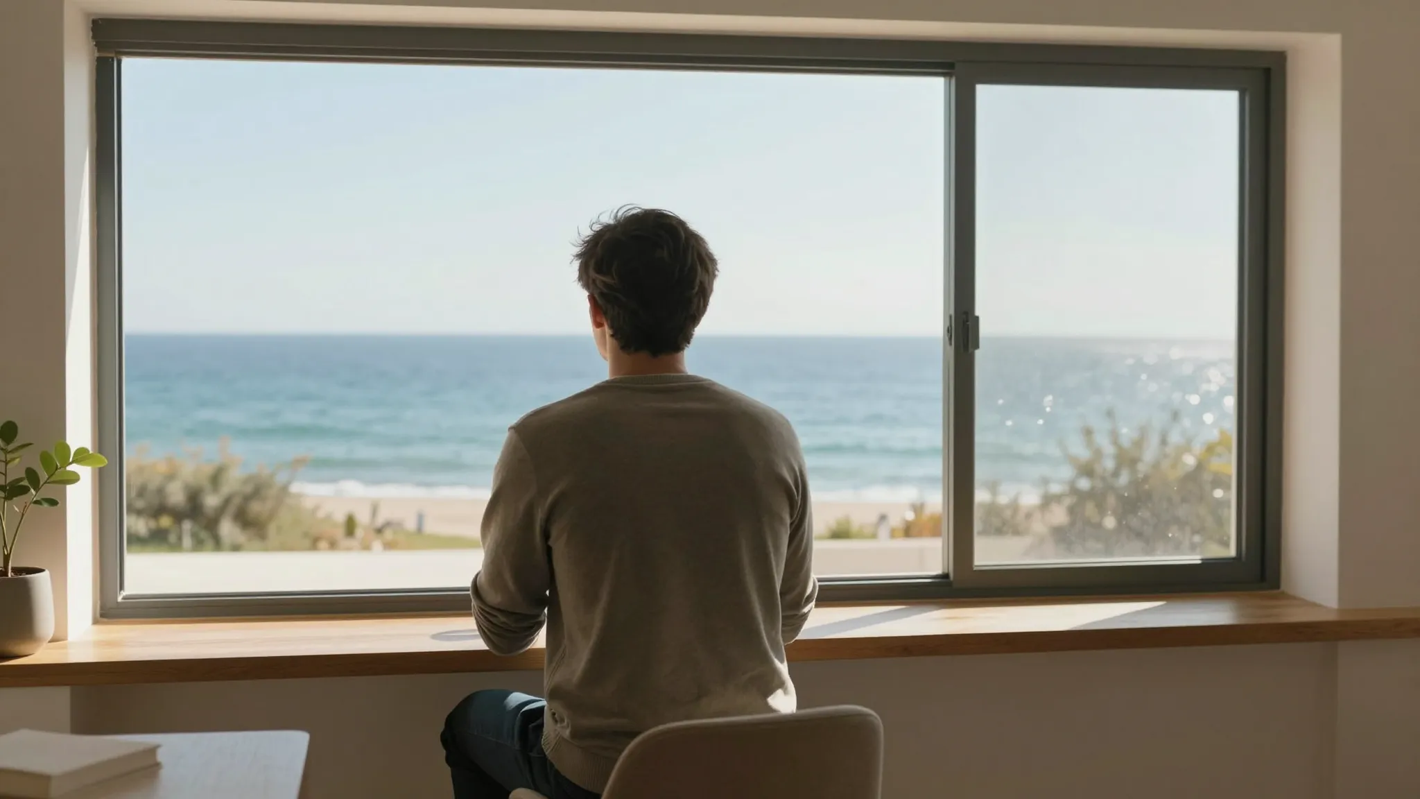 A man looking through a large window at the sea, sunny sprin...