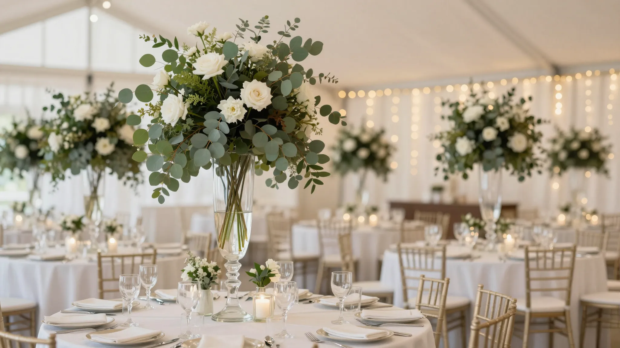 Wedding reception hall interior, tables decorated with tall ...