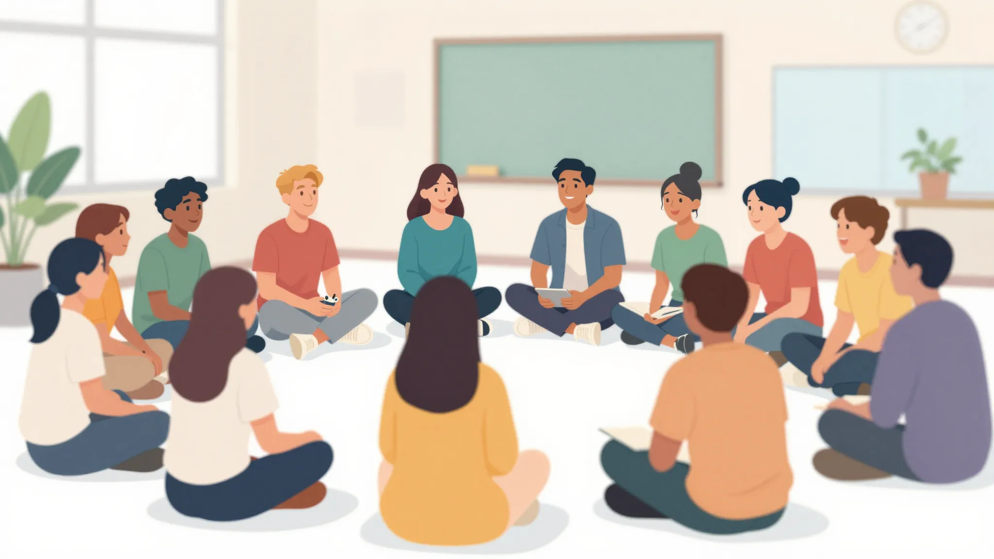 A diverse group of college students sitting in a circle and ...