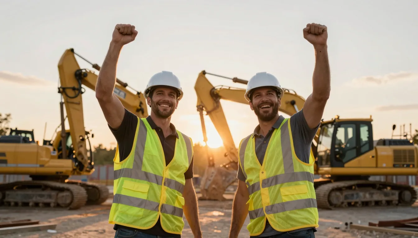 Tough construction workers celebrating at a construction sit...
