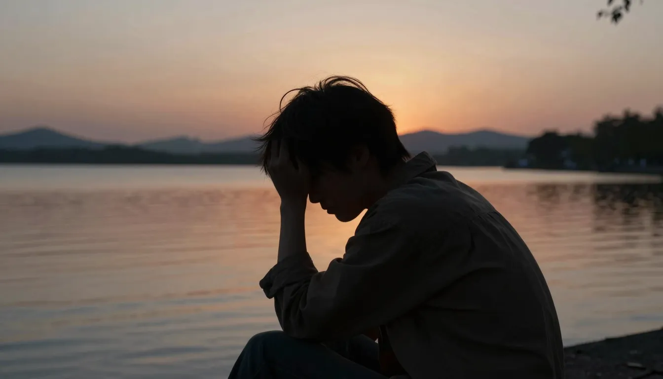 A lonely person looking at a sunset over a calm lake, expres...