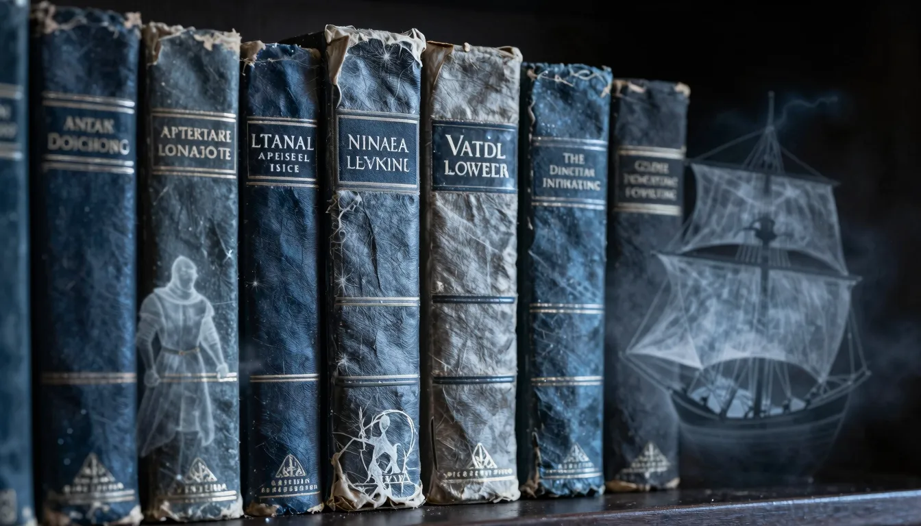 Close-up of old, weathered book spines on a dark shelf. Fain...